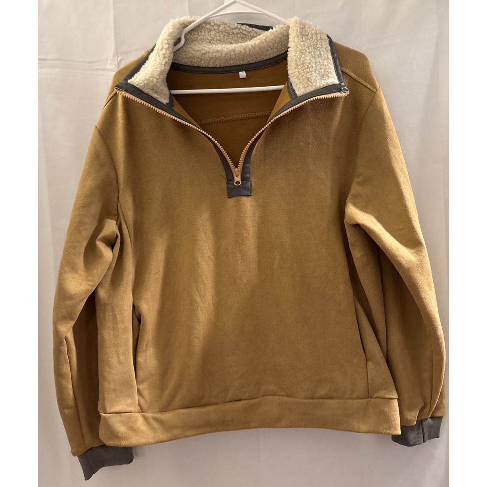 Unbranded‎ Suede Like Pull Over M Unisex 1/4 Zip L Sleeve Pockets Sherpa Collar